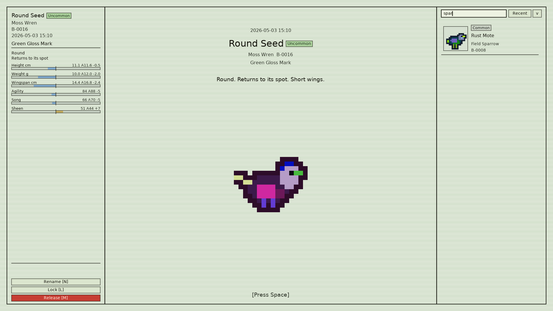 Collect showcase screen with a large pixel bird